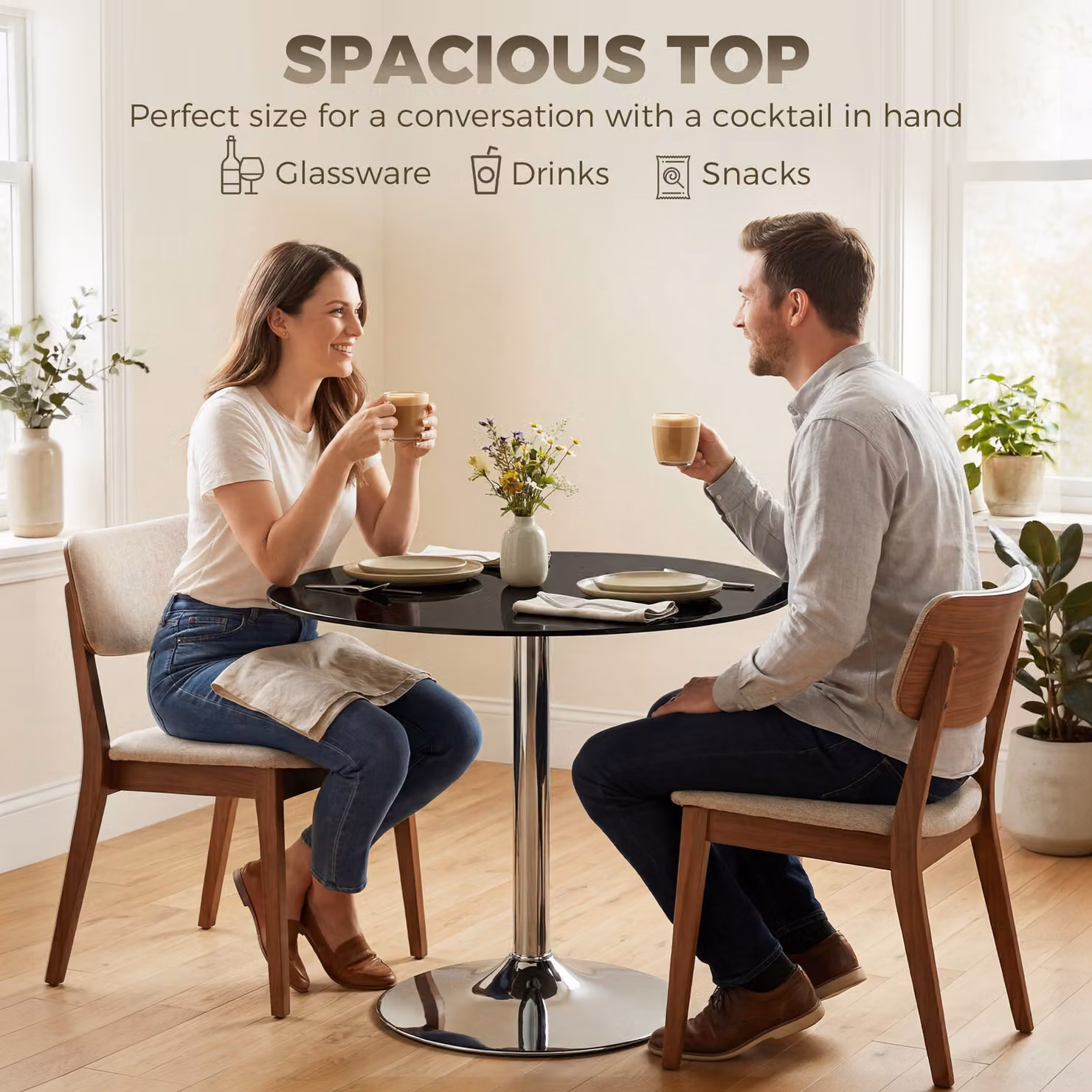 HOMCOM Modern Round Bar Table with Black Glossy Tempered Glass Top and Steel Frame, W/D/H: 70 x 70 x 75.5 cm – 5