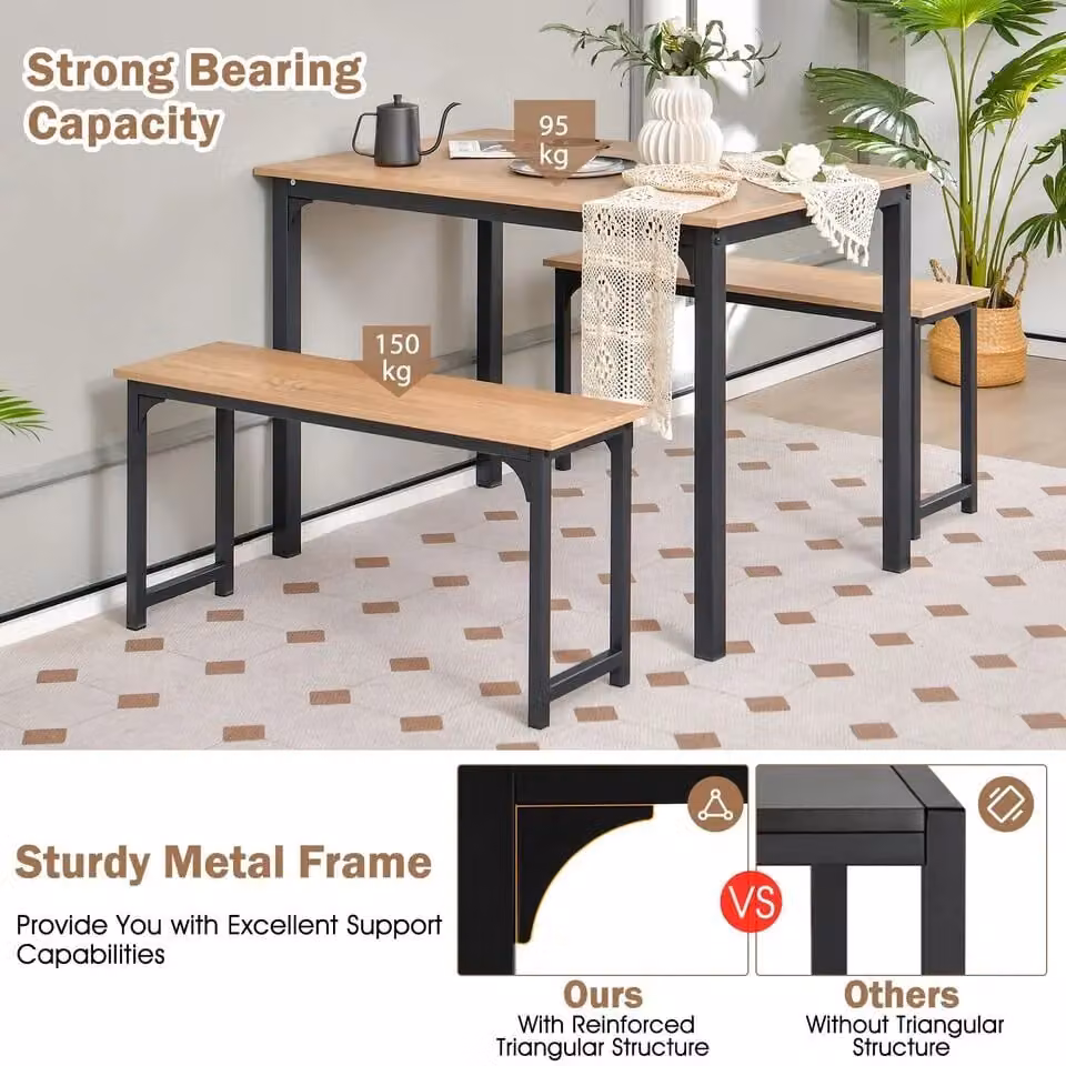 Costway 3 Piece Industrial Dining Table Set with 2 Benches in Natural Brown and Sand – 6