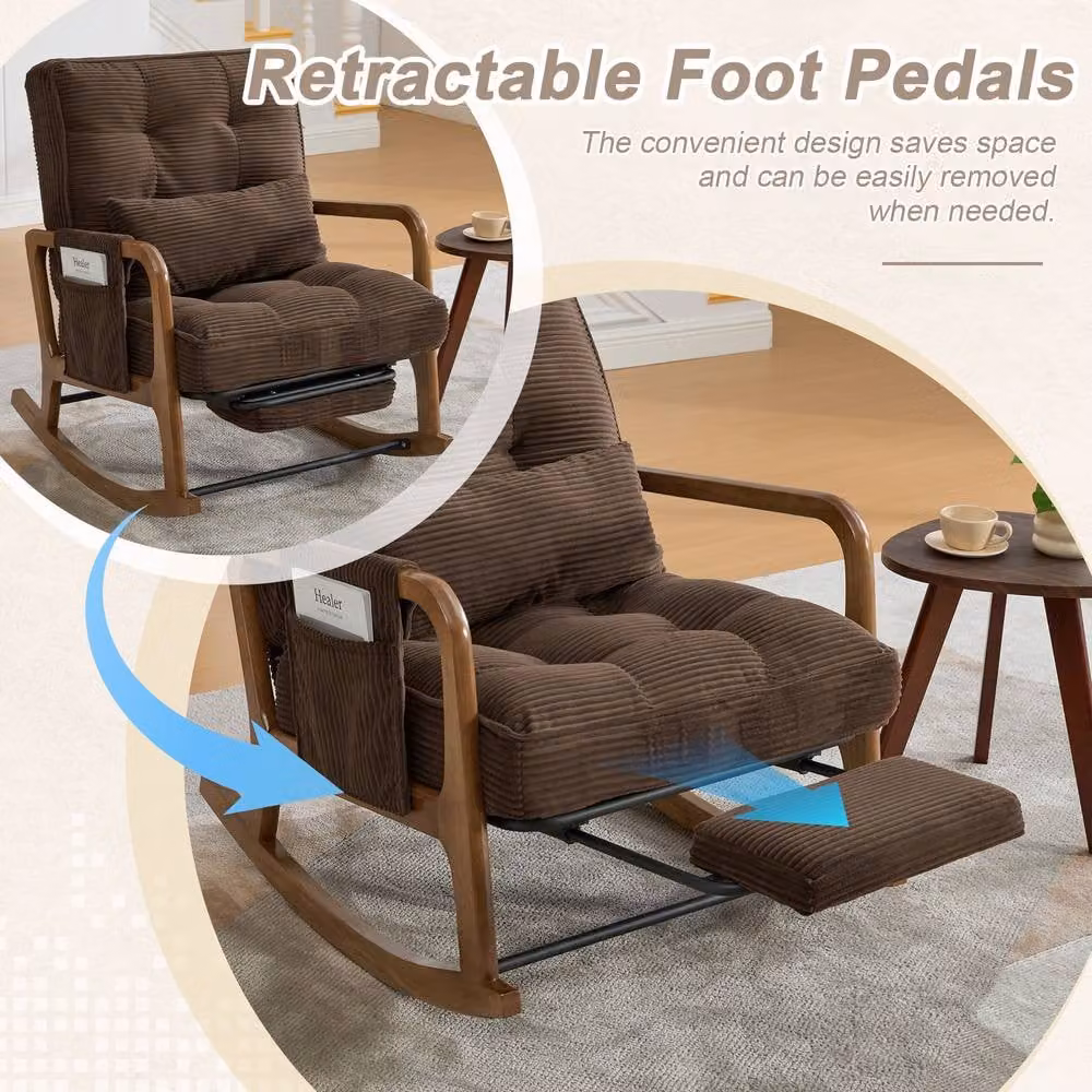 GOMYWAY Matteo Corduroy Rocking Chair in Brown with Solid Wood Frame and Multi-Position Glide – 9
