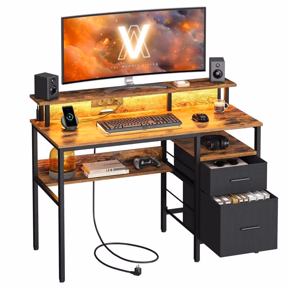 FORGEVIO Brown Computer Desk with Fabric Drawers, W: 120 cm, D: 55 cm, H: 90 cm – 4
