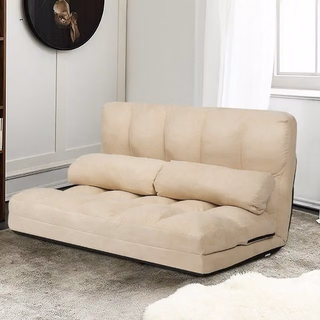 COSTWAY 2 in 1 Folding Floor Lazy Sofa Bed in Beige and White with Metal Frame