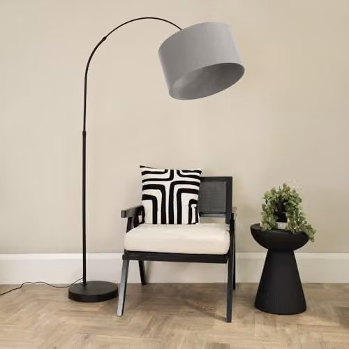 ValueLights Black Metal Arched Stem Floor Lamp with Grey Fabric Drum Shade and Included LED Bulb, H 180 cm x W 105 cm x D 45 cm – 2