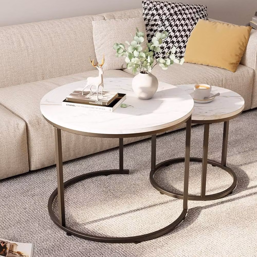 Huhote Set of 2 Round Nesting Coffee and End Tables with White Marble Finish and Metal Frame – 2