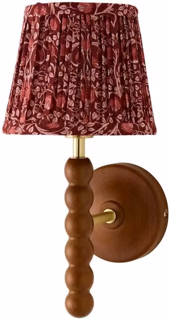 ValueLights Bobbin Cream Wooden Wall Light with Burgundy Floral Pleated Fabric Shade