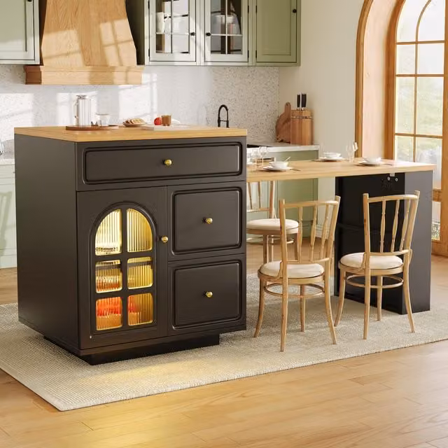 Aosom UK Extendable Bar Table with Arched Tempered Glass Doors in Black, W/D/H: 195.5 x 70 x 93.5 cm