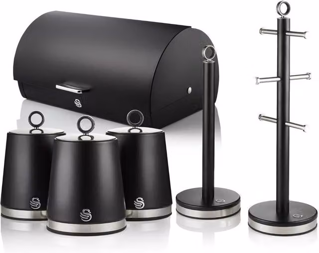 Swan Serenity Black Kitchen Set Including Bread Bin, 3 Canisters, Towel Pole and Mug Tree – 1