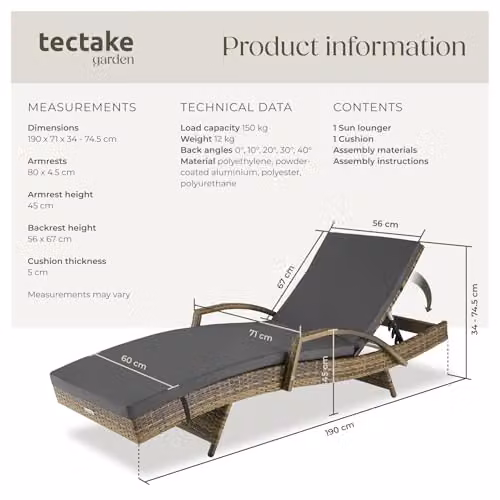 tectake Rattan Sun Lounger with 5-Position Adjustable Backrest and Soft Cushion in Nature – 3