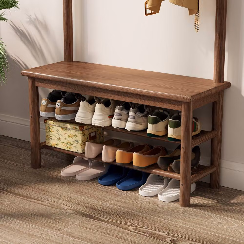YQJJGL Walnut Solid Wood Hall Tree with Bench and 2-Tier Shelves, W: 80 cm, H: 170 cm, D: 30 cm – 4