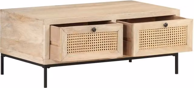Berkfield Home Beautiful Coffee Table in Light Brown Solid Mango Wood and Natural Cane, W: 90 cm, D: 50 cm, H: 37 cm