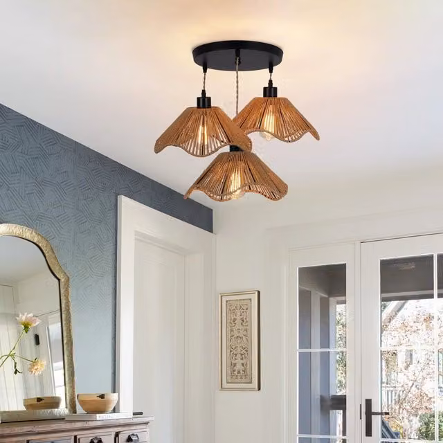 Garwarm 3-Light Boho Rattan and Metal Farmhouse Pendant Light in Gold/Brass – 1
