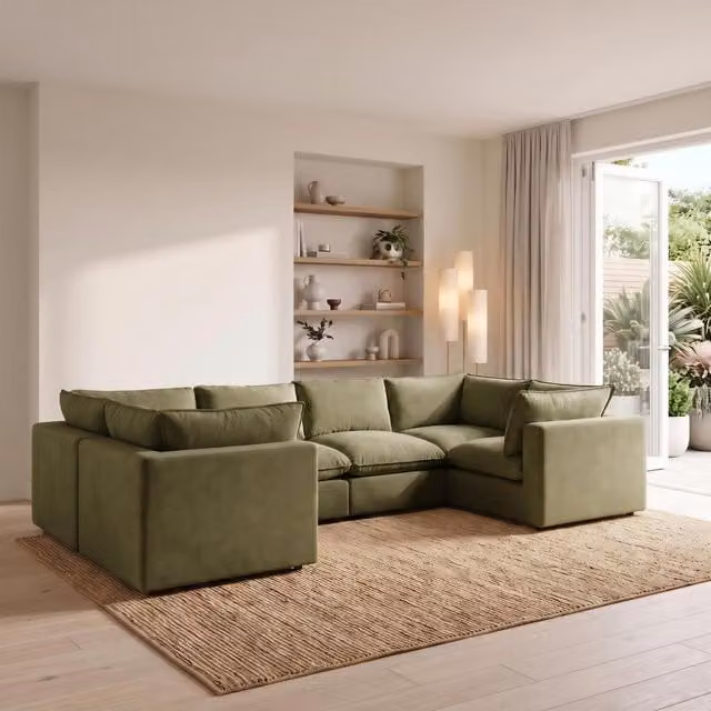 Furniturebox UK Echo 5 Seater U-Shaped Modular Corner Sofa in Green Linen-Look Fabric