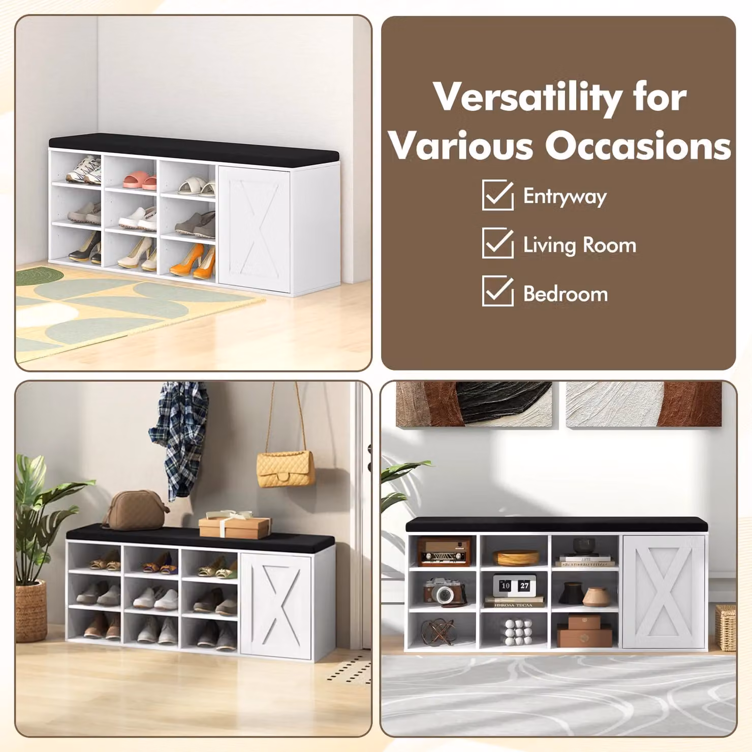 Costway 3-Tier Shoe Storage Bench with Padded Fabric Cushion in White – 8