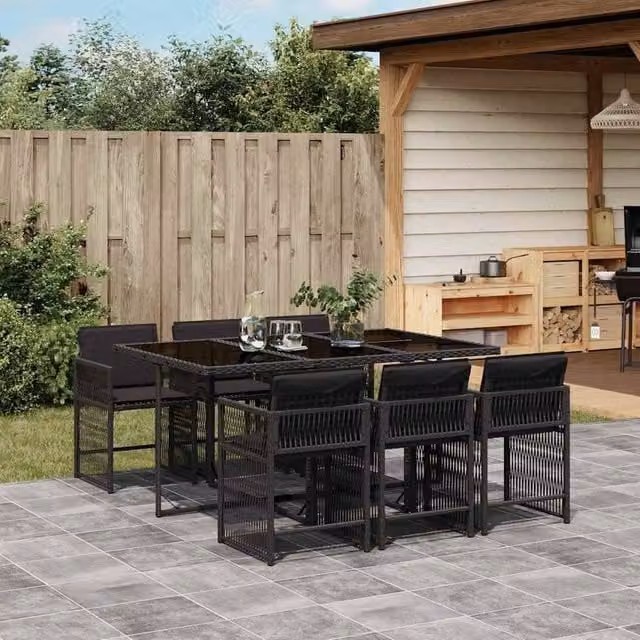 Berkfield Modern Polyrattan Garden Dining Set with Glass Top in Black