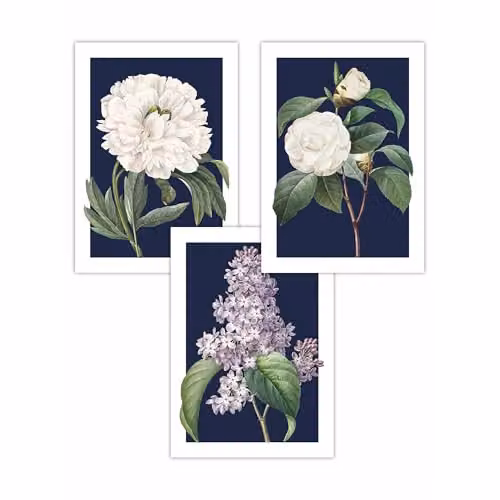 ARTZE Set of 3 Vintage Floral Botanical Paper Posters in Blue and White, W: 42 cm, H: 59 cm – 2