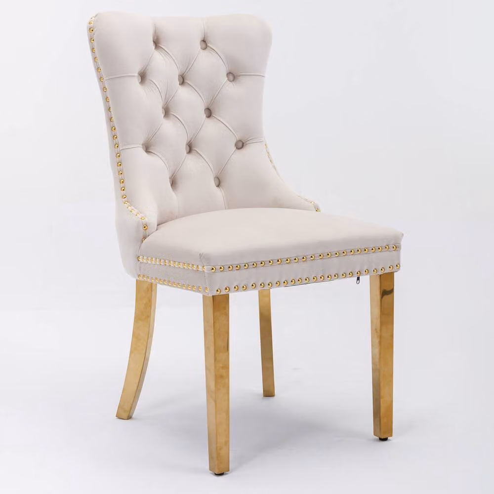 HomeTouch Set of 2 Modern Velvet Dining Chairs in Beige with Gold Metal Legs – 3