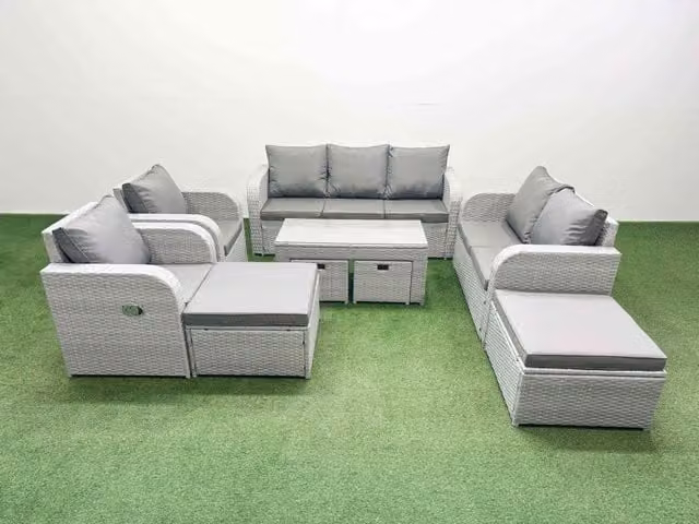 Fimous PE Wicker Rattan Garden Furniture Set with Oblong Coffee Table and Love Sofa in Light Grey
