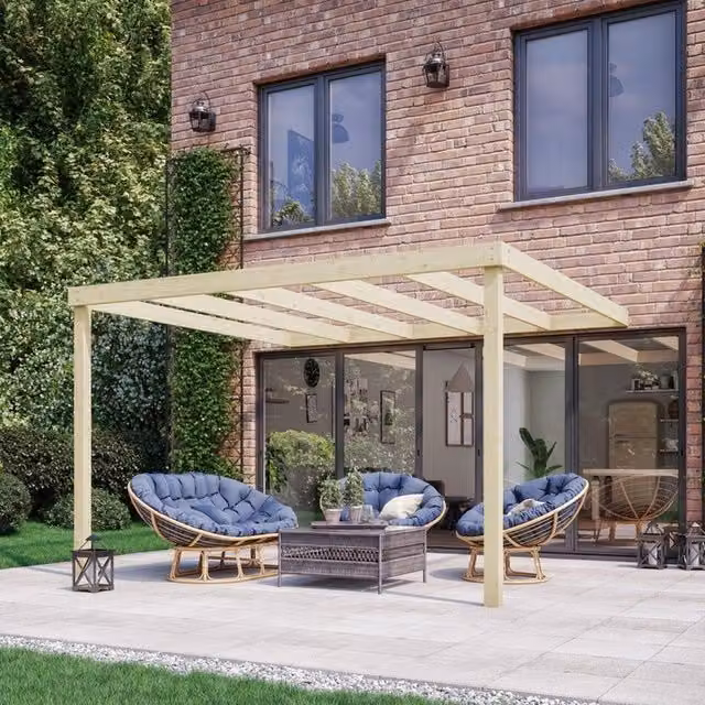 Rutland County Garden Furniture Ltd Wall Mounted Lean-to Pent Pergola in Wood, Rustic Brown and Light Green, W: 420 cm, D: 240 cm, H: 270 cm – 1