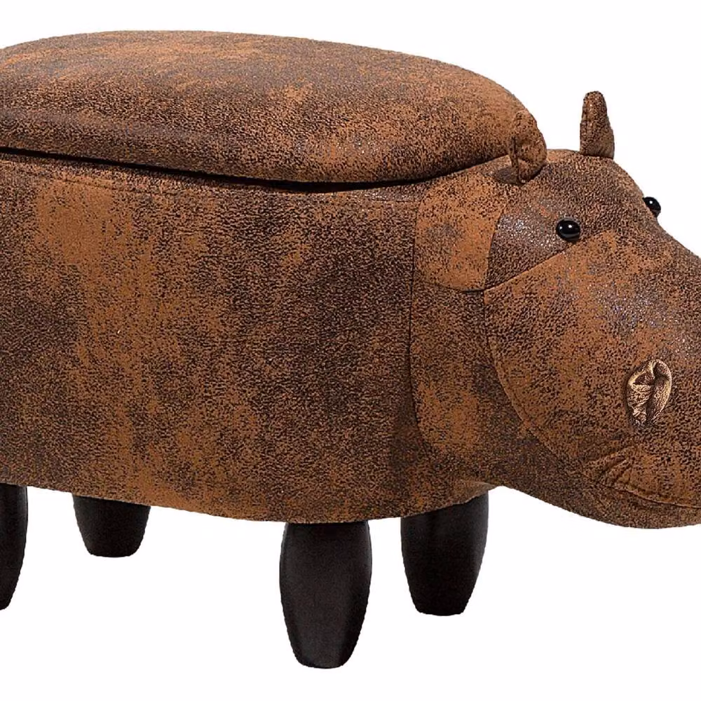 Wyld and Coco Hippo Kids Stool with Storage in Brown Faux Leather and Rubberwood Legs – 2