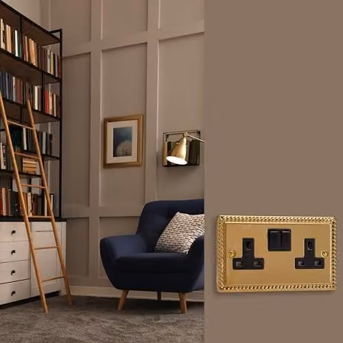 Varilight 2-Gang 13 Amp Flush Switched Socket in Georgian Brass and Black, W: 95 mm, H: 155 mm, D: 31 mm – 2