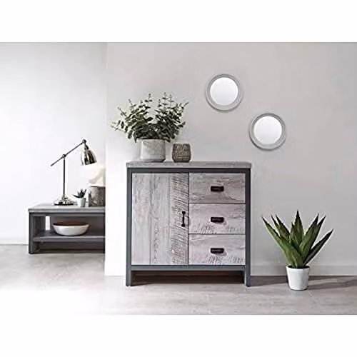 GFW Boston Grey Wood Effect Multi Storage Unit with 1 Door and 3 Drawers, W: 76 cm, D: 35 cm, H: 78 cm – 1