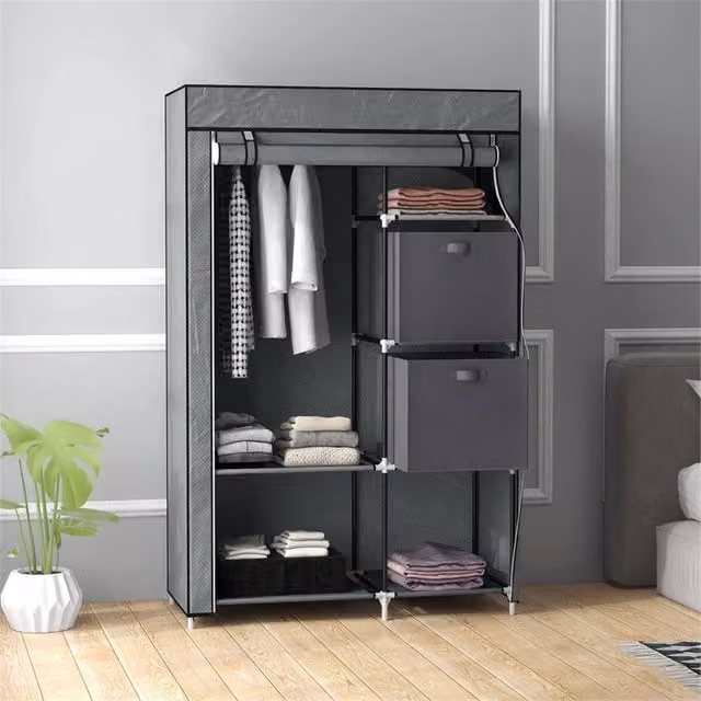 EONLION Grey Fabric Portable Wardrobe with Roll Shutter and Integrated Drawers, W: 100 cm