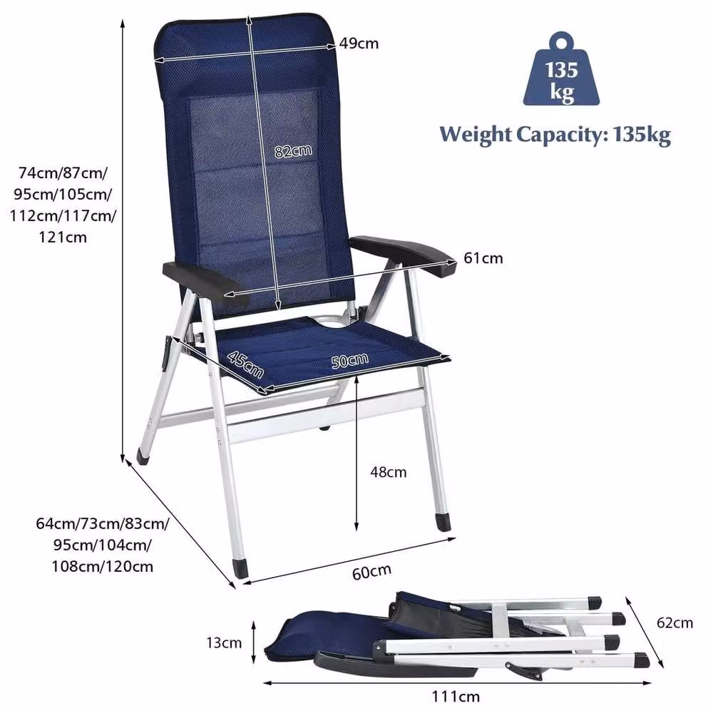 Kelvenix 2-Piece Set of Blue Folding Patio Chairs with Armrests and 7-Position Angle Adjustment – 2