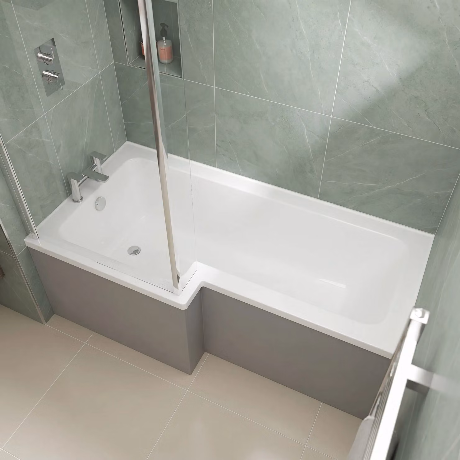 Balterley Asymmetric Left Hand L Shape Acrylic Shower Bath Tub with Leg Set, White, W/D/H: 149.8 x 85.5 x 40 cm – 2