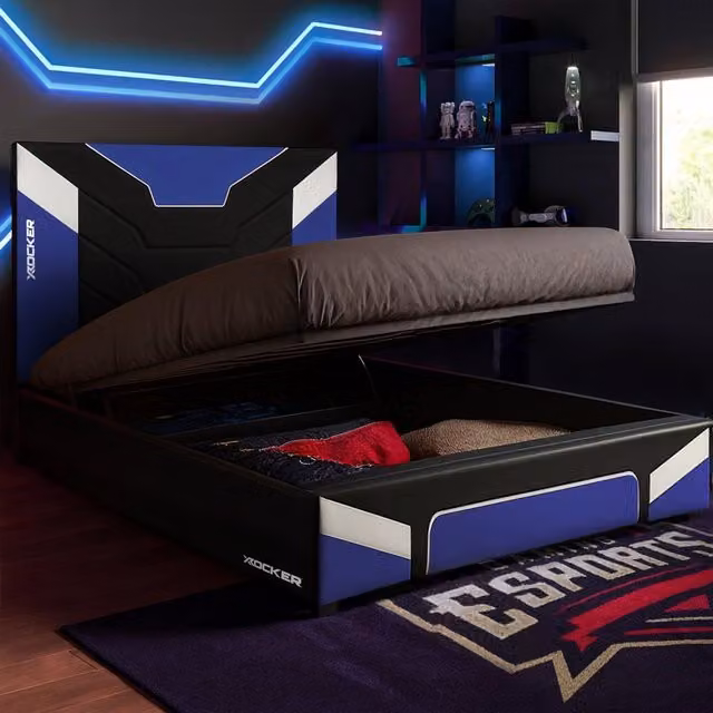 X Rocker Cerberus Blue Faux Leather Gaming Ottoman Bed for Kids and Teens, W/D/H: 140 x 200 cm