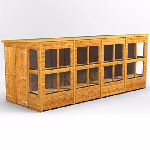 POWER Premium Pent Wooden Greenhouse Shed in Brown with Double Doors and Toughened Glass