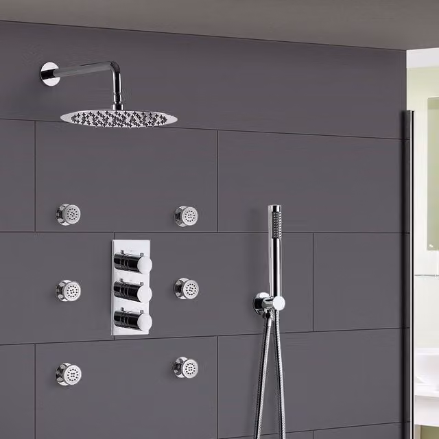Nes Home Flora 3 Dial 3 Way Round Shower Set in Silver with Slim Overhead Shower, Handset and Body Jets