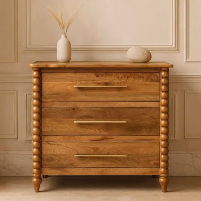 Artisan Furniture Solid Mango Wood Spindle 3-Drawer Chest in Brown and Yellow