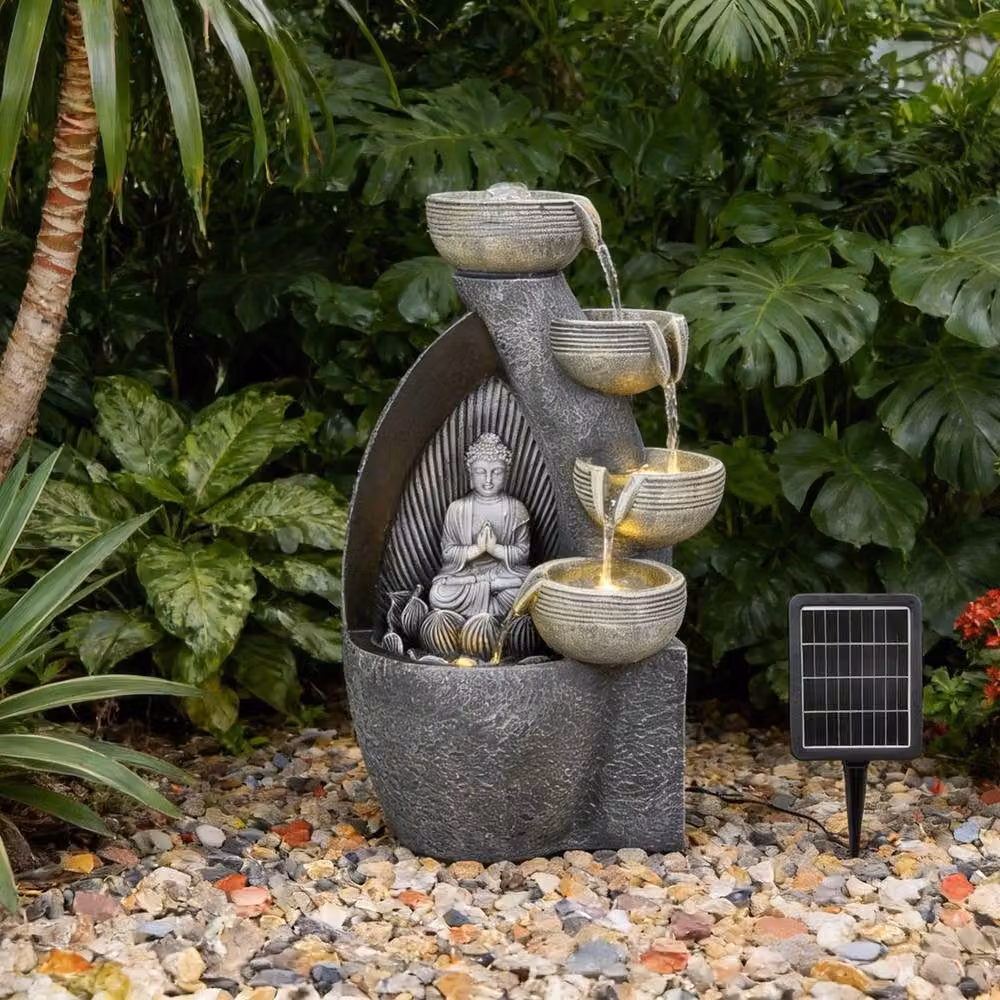 NESTLUNE Sitting Buddha Grey Stone Effect Zen Cascade Water Feature W/D/H: 100 x 15 x 15 cm – 5