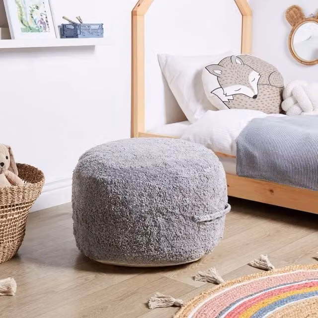 Wyld and Coco Grey Cotton Shaggy Pouffe, W/D/H: 50 x 50 x 35 cm – 1