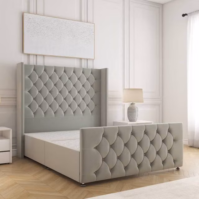 BSSPOKE Florida Double Divan Bed with 54 inch Plush Velvet Headboard in Silver