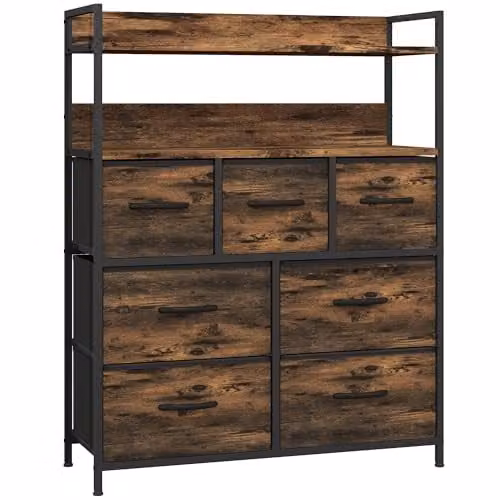 HOMCOM 7-Drawer Fabric Chest of Drawers with Open Shelves and Steel Frame, Brown