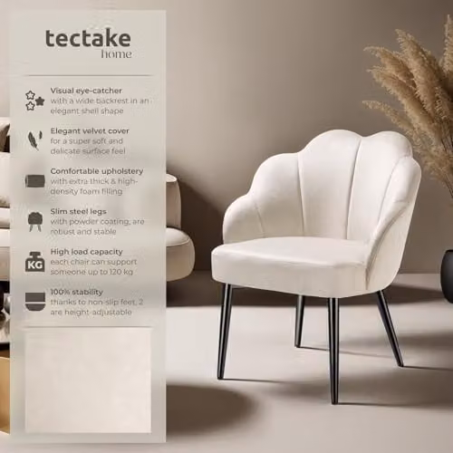 tectake Accent Chair in Shell Design with Velvet-Look Fabric and Metal Frame, Modern Tub Armchair for Living Room or Bedroom, Black/White – 2