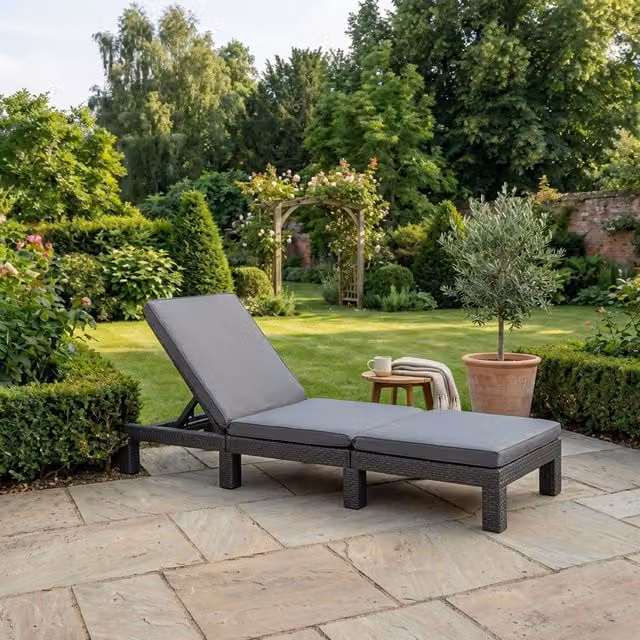 Keter Daytona Garden Sun Lounger in Grey Polyrattan with Adjustable Headrest and Weatherproof Cushion