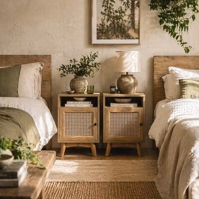 Wyld Haus Fiha Set of 2 Natural Rattan Bedside Tables with Shelf and Cupboard in Brown – 1