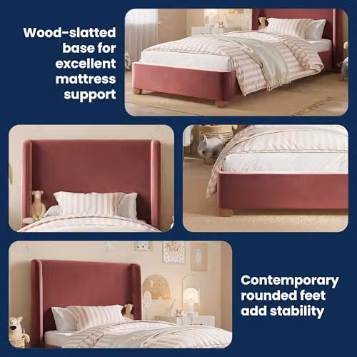 Flair Alma Single Winged Headboard Bed in Pink Velvet and Bouclé, W/D/H: 90 x 200 cm – 5