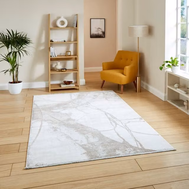 Terrys Modern Abstract Machine Woven Rectangular Rug in Beige and White