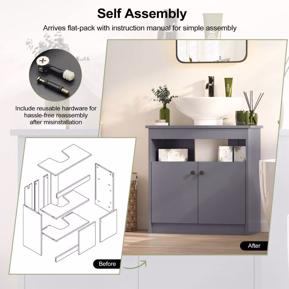 KEEPREAPER Grey Under Sink Bathroom Cabinet, Freestanding 2 Door Storage Unit with Internal Shelves, Width: 60 cm – 4