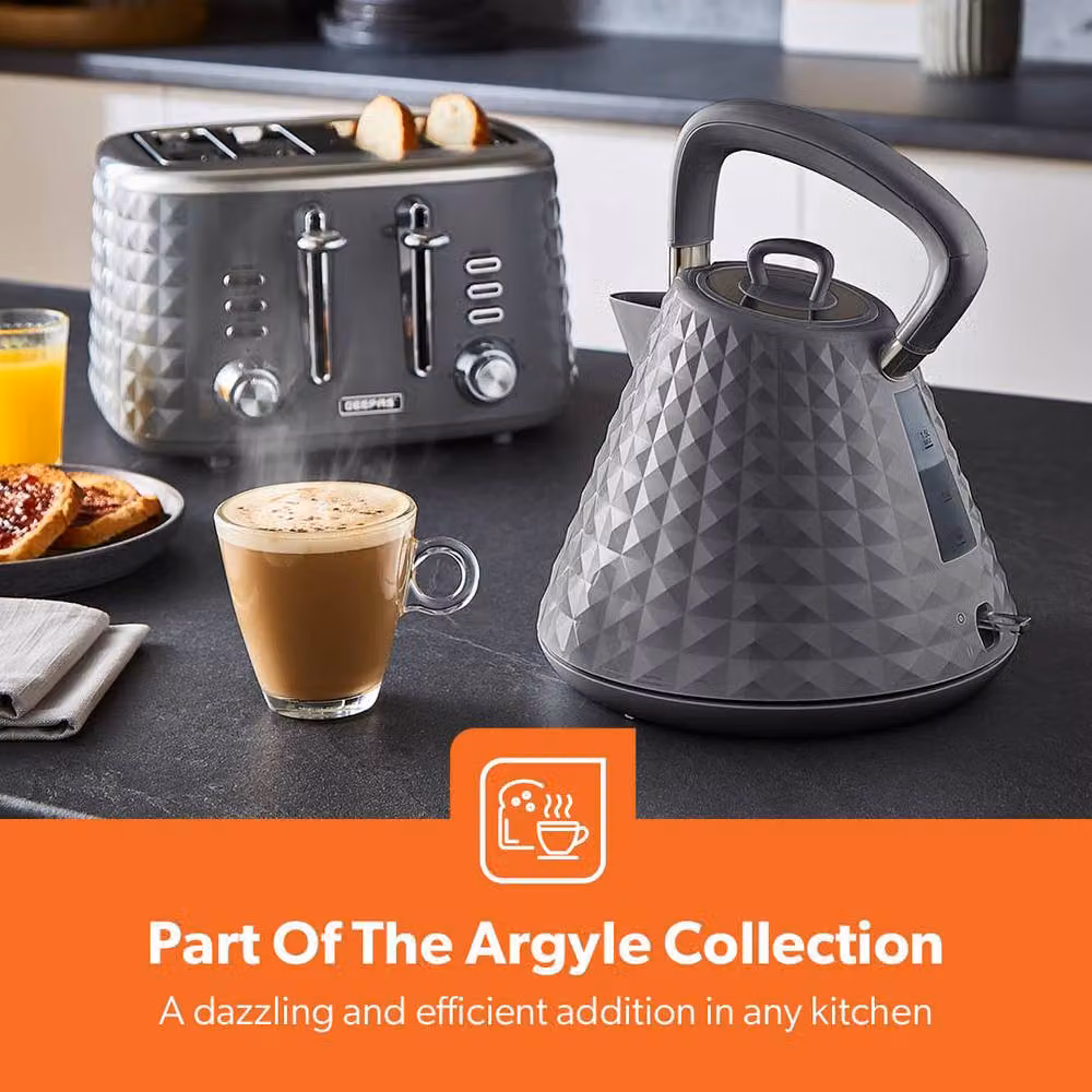 Geepas Grey Kitchen Appliance Set including 1.5L Pyramid Electric Kettle, 4 Slice Bread Toaster and 20L Digital Microwave – 2