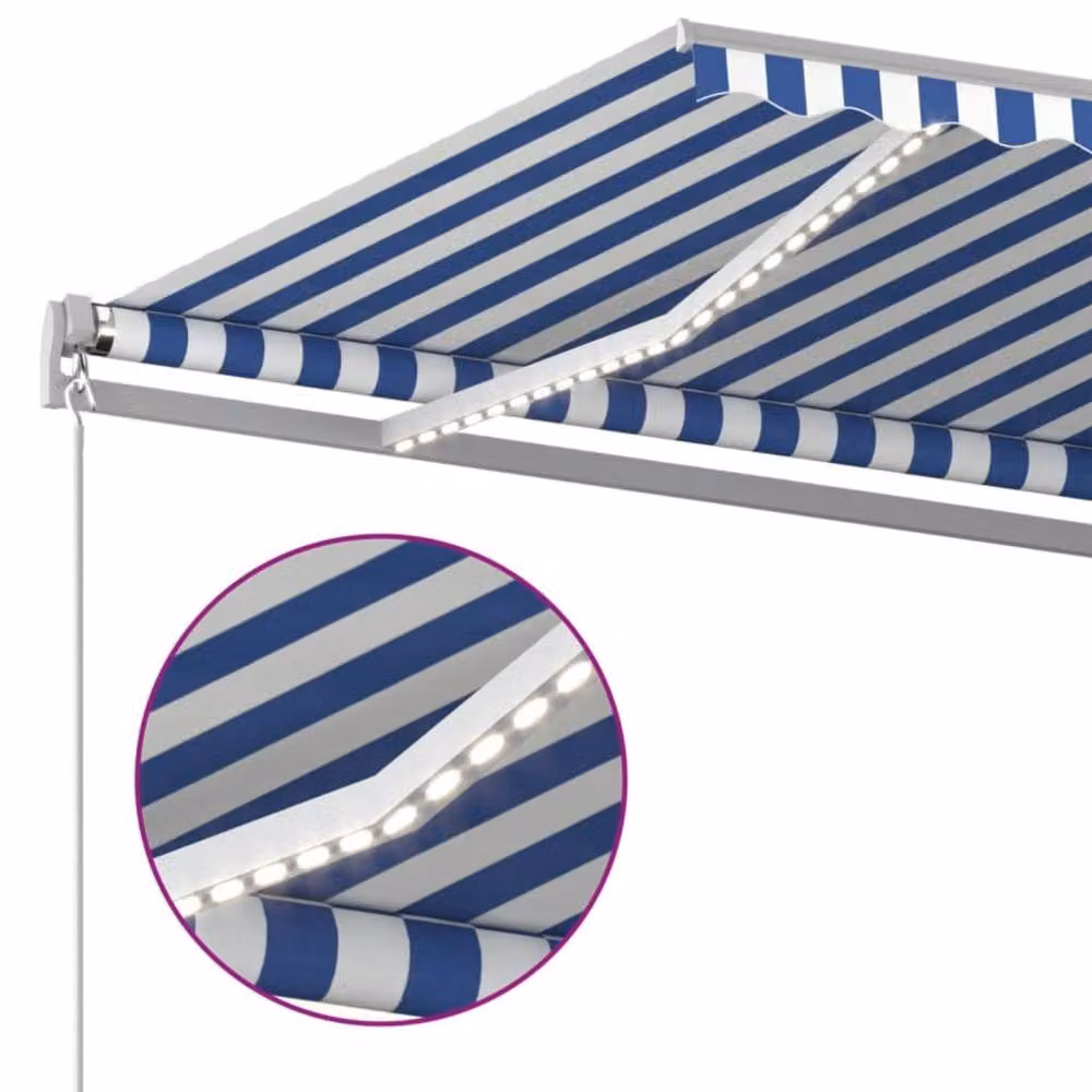 Berkfield Home Manual Retractable Folding Arm Awning with LED, Blue and White Striped, W: 400 cm, D: 300 cm – 3
