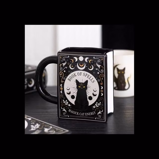 KDMD Black Cat Spell Book Mug, Black, 450ml