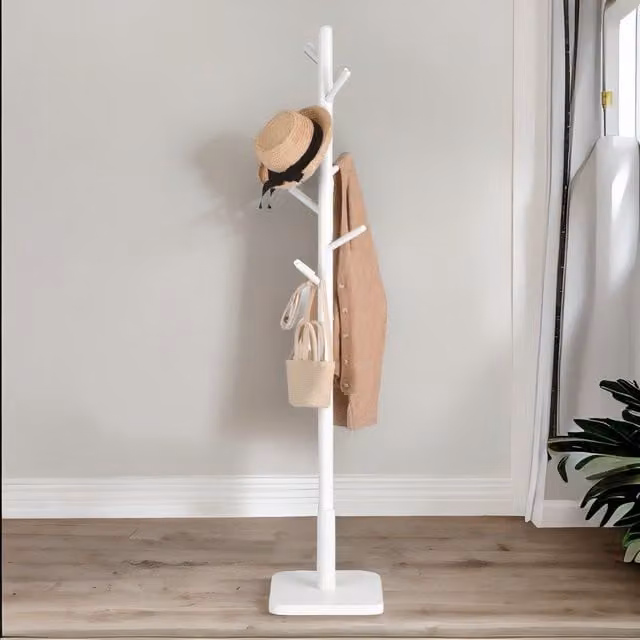 Furnold Minimalist Lacquered Rubberwood Coat Stand with 8 Hooks in Brown