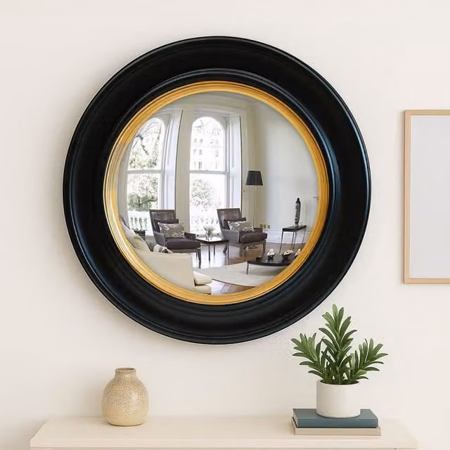 BESTYDECOR Agenzia 14 Large Round Maritime Convex Wall Mirror in Black and Gold, Diameter: 66 cm