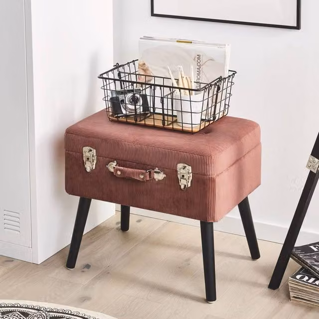 Wyld and Coco Pink Corduroy Storage Stool with Black Legs and Suitcase Design
