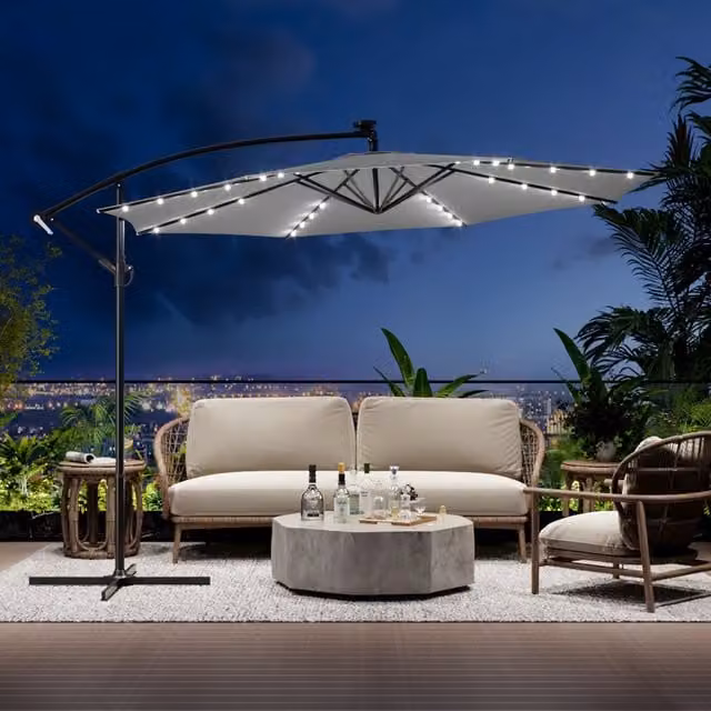 Breeins Light Grey Outdoor Patio Umbrella with 32 LED Lights and Crank Lift