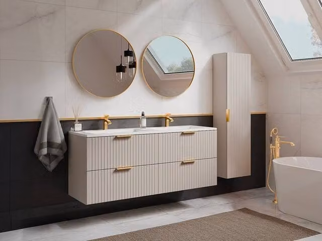 Vente-unique Suspended Striped Bathroom Vanity Unit with Inset Basin and Tall Cabinet in Beige – 1