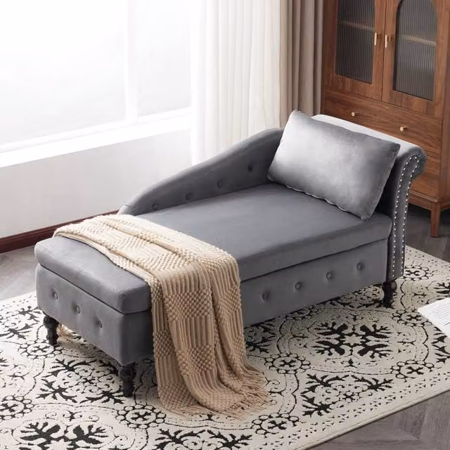 Rolipo Grey Velvet Chaise Lounge Sofa with Storage and Scatter Cushions – 1
